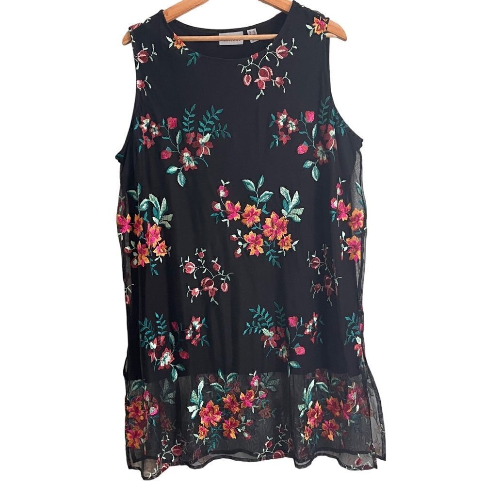 Susan Graver Mesh Tunic Womens Size 1X Fully Lined Floral Embroidered Boho Fairy
